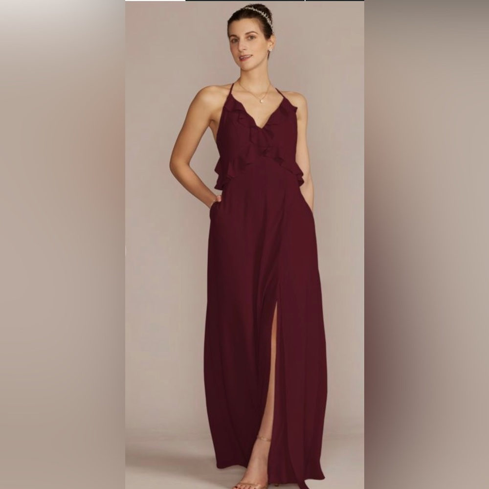 Wine colored David’s Bridal bridesmaid dress.